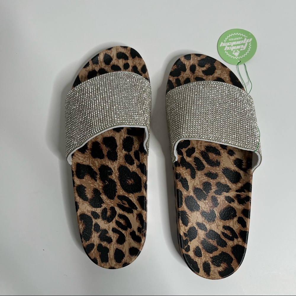 NWT Women's Slides Leopard Rhinestone Glitter Slip On Footbed Platform Sandals - Picture 6 of 10